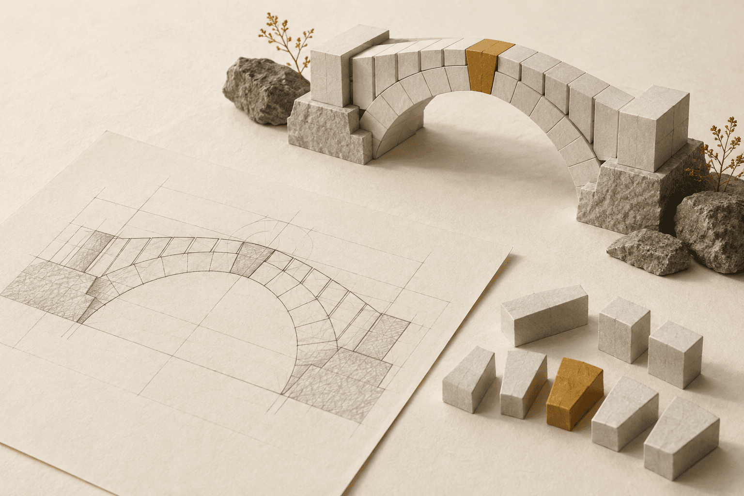 A graphite bridge plan, repeated building blocks, and a completed miniature stone bridge with an amber keystone.