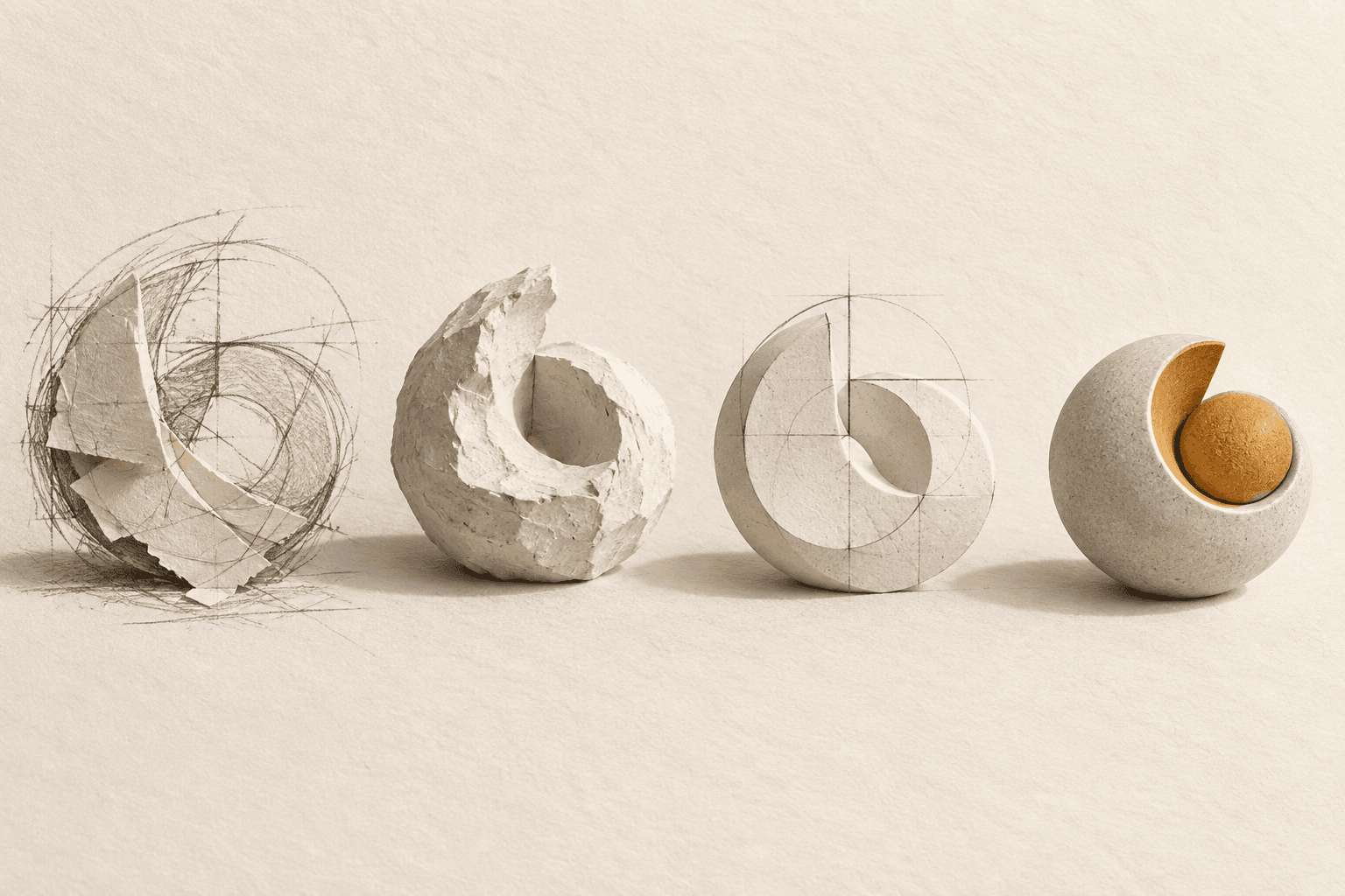 Four sculptural studies progressing from loose graphite and rough material to a precise circular form with an amber inset.