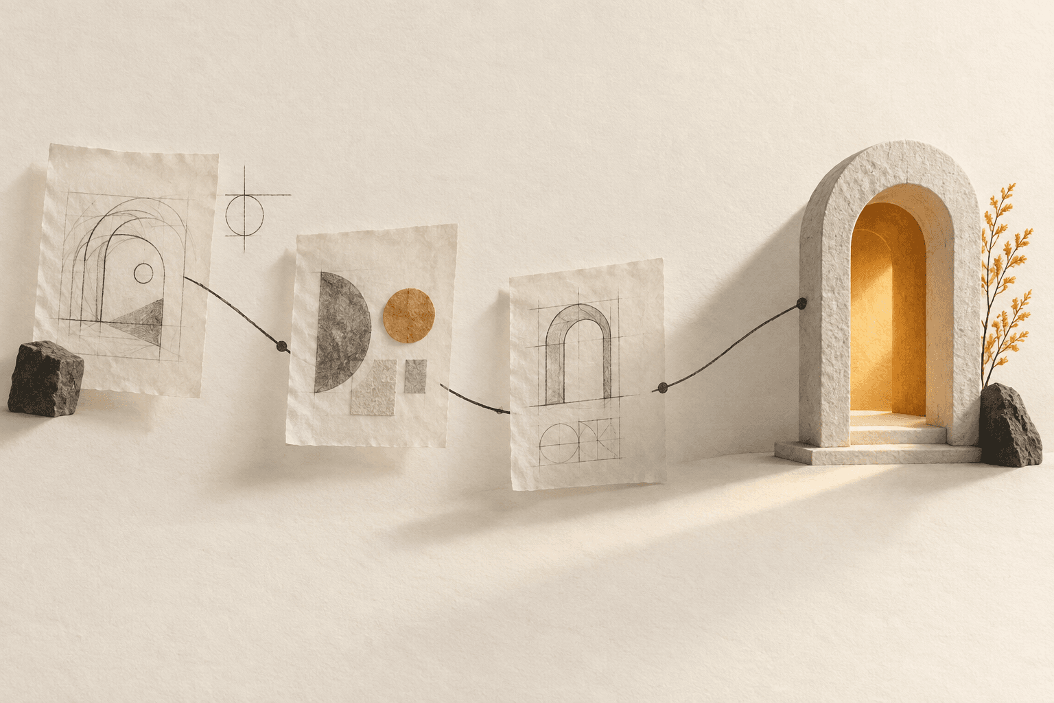 Graphite studies connected to an illuminated doorway, tracing a finished experience back through its design decisions.