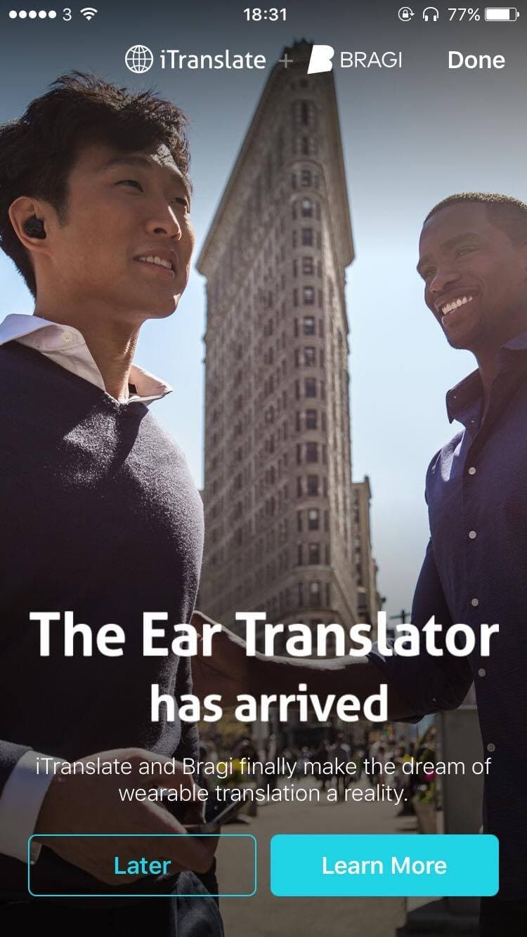 Bragi iTranslate companion app interface