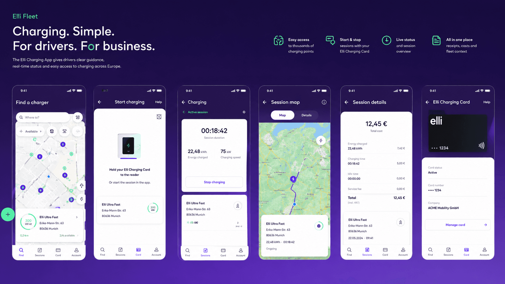 Elli Fleet Charging driver app journey with charging status, Elli Charging Card, receipts, reimbursement, and business charging states