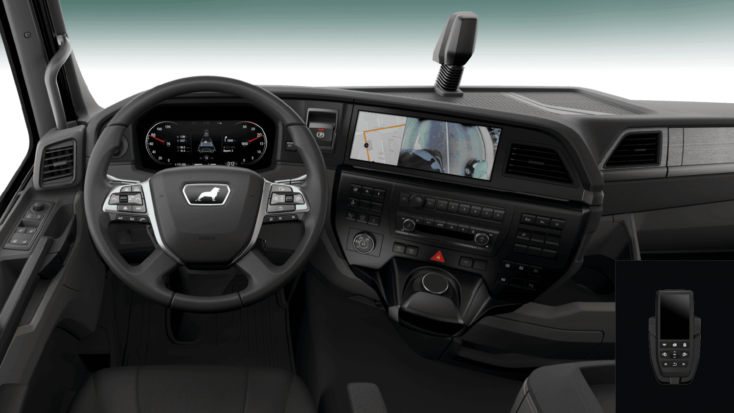 MAN truck cockpit render with cluster and infotainment interfaces