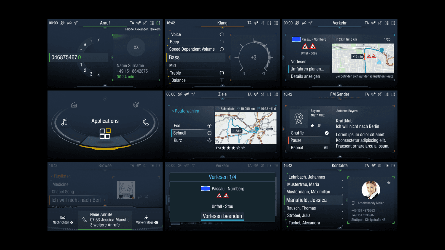 MAN HMI interface screens across phone, sound, navigation, media, traffic, and contacts