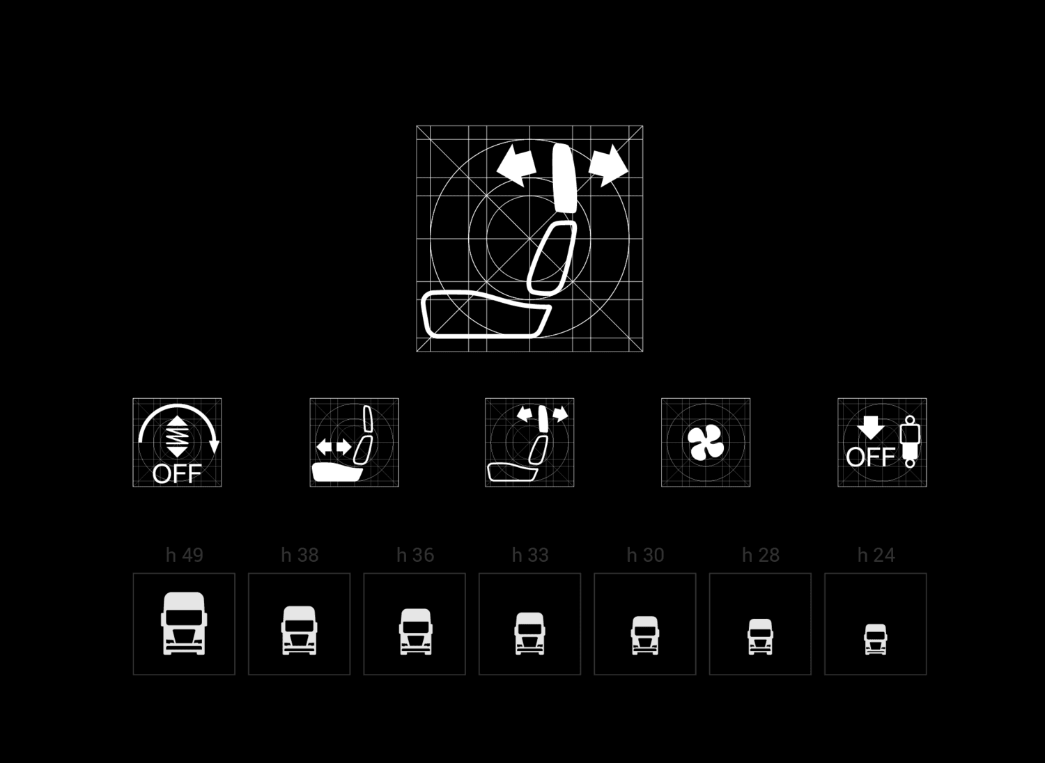 MAN icon-system grid showing seat and vehicle icon construction